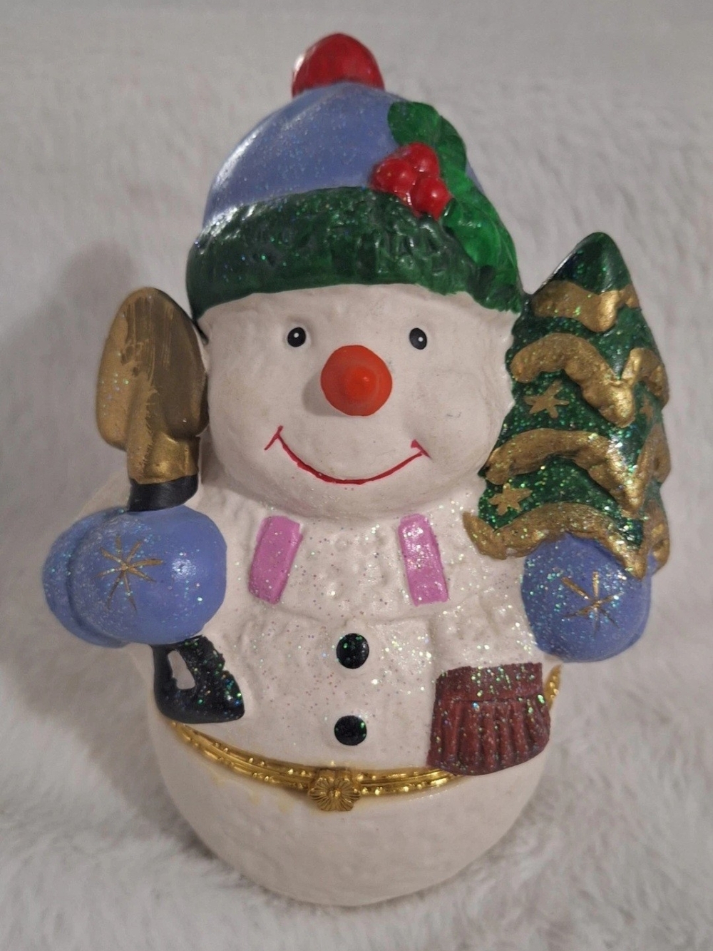 Festive Snowman Figurine - White with Blue, Green & Gold Accents